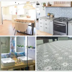 Un intérieur moderne avec des sols en grès cérame, une cuisine élégante, une salle de bain design et une terrasse pavée.