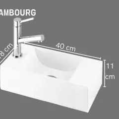 Lavabo suspendu HAMBOURG blanc, 40 cm de long, 18 cm de hauteur du robinet, 11 cm de profondeur.