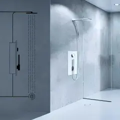 Schéma d'une douche moderne avec un système de douche recyclage eau. Le design épuré et la technologie innovante promettent une expérience de bien-être durable.