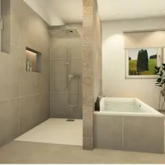 Salle de bain moderne avec douche à l'italienne spacieuse et baignoire. La dimension douche italienne est bien pensée pour un confort optimal.