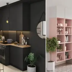 Cuisine salle à manger en longueur avec meubles noirs modernes et étagères roses décorées.
