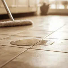 Une flaque d'eau sur un carrelage poreux, un balai à franges est prêt à nettoyer.