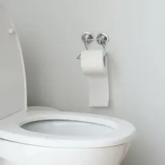 Un WC blanc avec le couvercle ouvert, prêt pour l'évacuation des eaux usées et du WC. Un rouleau de papier toilette est accroché au mur.