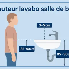 Illustration showing the ideal hauteur meuble salle de bain. Le lavabo est à 85-90 cm du sol, et le robinet dépasse de 3-5 cm.