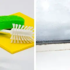 Nettoyer colle carrelage vinaigre blanc : une bouteille de vinaigre blanc et des accessoires de nettoyage, puis une main pulvérisant du vinaigre sur une fenêtre sale.