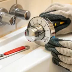 Main d'un bricoleur en gant essayant de réparer un robinet thermostatique bloqué chaud, avec une clé à molette à proximité.