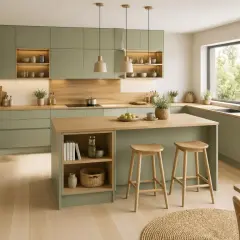Cuisine vert d'eau et bois, avec îlot central, tabourets et vaisselle. Un espace lumineux et naturel pour cuisiner.