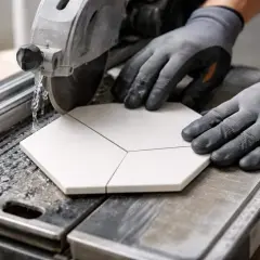Gants gris protégeant des mains qui guident une découpe de carrelage hexagonale sur une machine à eau.