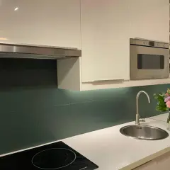 Crédence cuisine vert foncé, une idée pour quelle peinture pour carrelage mural cuisine ? Évier, hotte, four, bouquet de fleurs.