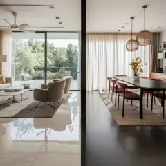 Salon et salle à manger modernes. Le carrelage clair au sol, posé dans le sens de la lumière, agrandit visuellement l'espace.