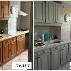 Cuisine avant/après : les meubles en chêne repeints en gris clair transforment l'espace.