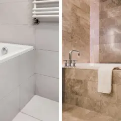 Carrelage clair autour d'une baignoire blanche à gauche, et carrelage marron élégant autour d'une baignoire à droite, avec une douche vitrée.