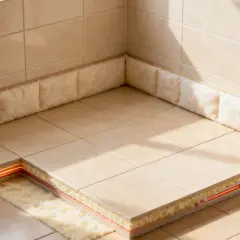 Coupe d'un sol carrelé montrant l'isolation du sol avec des couches isolantes et un système de chauffage intégré.