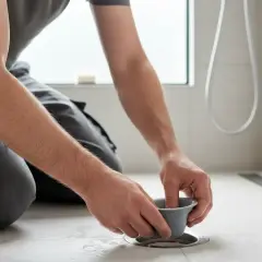 Un homme nettoie le siphon de douche pour éliminer l'odeur de canalisation.