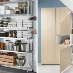 Aménagement cellier : étagères métalliques chargées de bocaux, boîtes et ustensiles, et placards en bois sous un escalier, organisant des provisions.