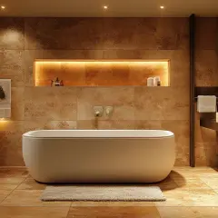 Salle de bain luxueuse avec **pose travertin mural**. Baignoire îlot, vasque en pierre, miroir ovale et éclairage d'ambiance.