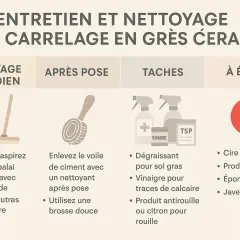 Guide d'entretien du carrelage en grès cérame : nettoyage quotidien, après pose, gestion des taches et produits à éviter.
