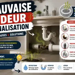 L'image illustre les causes et solutions des mauvaises odeurs de canalisation, avec des conseils pour y remédier.