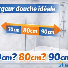 Flèche orange indiquant 70cm, 80cm, 90cm pour la largeur douche idéale.