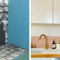 Application de mortier pour recouvrir la faïence d'une cuisine, et une crédence rose installée au-dessus d'un évier.