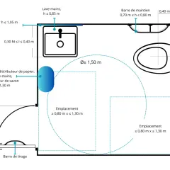 Plan d'un WC accessible, montrant la largeur porte handicapé wc, le lavabo, la cuvette et les barres d'appui.