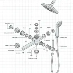 Schéma technique d'un mitigeur de douche, montrant les pièces pour le changer. On y voit le corps principal, la cartouche, la poignée et les douches.
