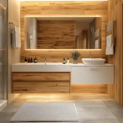 Une salle de bain blanc et bois chaleureuse, avec une douche moderne, un lavabo épuré et des accents en bois naturel.