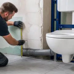 Un ouvrier mesure la hauteur idéale pour l'installation d'un WC suspendu, pensant à la hauteur wc personnes âgées pour un confort optimal.