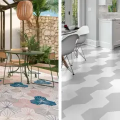Calepinage carrelage 60x60 : sols géométriques et floraux pour terrasses et cuisines modernes.