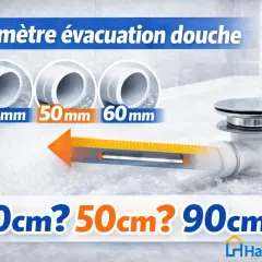 Le diamètre d'évacuation douche est crucial. L'image montre des options de 40mm, 50mm, 60mm et des questions sur 70cm, 50cm, 90cm.
