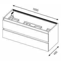 Meuble de salle de bain avec deux tiroirs. Dimensions : 1200 mm de largeur, 560 mm de hauteur et 455 mm de profondeur.