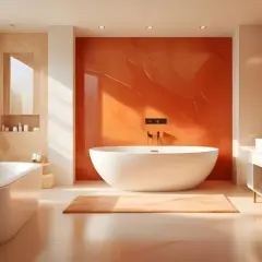 Élégante salle de bain terracotta et beige avec baignoire îlot, douche à l'italienne et lavabo sur meuble suspendu.