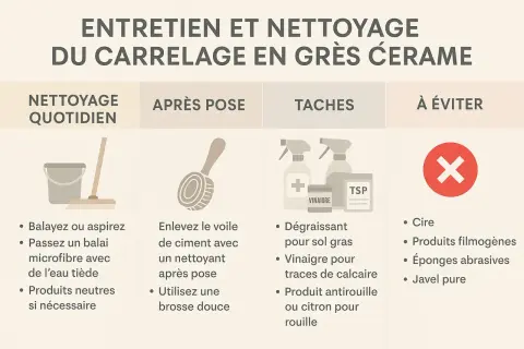 Guide pour nettoyer grès cérame encrassé : entretien quotidien, après pose, taches et produits à éviter.