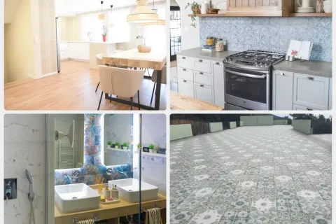 Un intérieur moderne avec des sols en grès cérame, une cuisine élégante, une salle de bain design et une terrasse pavée.