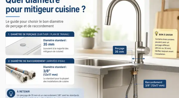 Guide pour le diamètre de perçage et de raccordement d'un mitigeur de cuisine. Le perçage standard est de 35 mm, le raccordement de 3/8".