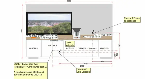 Plan cuisine : vue de dessus avec dimensions, électroménagers (lave-vaisselle), prises électriques et raccordements pour évier et lave-vaisselle.