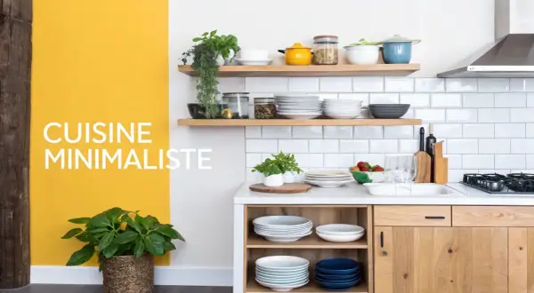 Cuisine minimaliste avec vaisselle empilée et plantes vertes. Le home staging met en valeur la simplicité et la fonctionnalité.