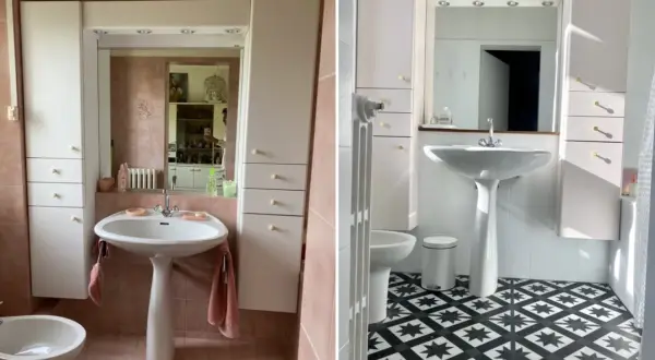 Avant/après d'une salle de bain : le sol rose a été remplacé par un carrelage géométrique noir et blanc, transformant l'espace.