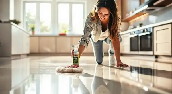 Une femme nettoie son carrelage brillant dans la cuisine. Elle utilise un produit pour savoir comment faire briller un carrelage.