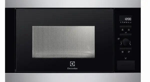 Un élégant **dimension micro onde encastrable** en inox et noir, avec écran digital et commandes tactiles.