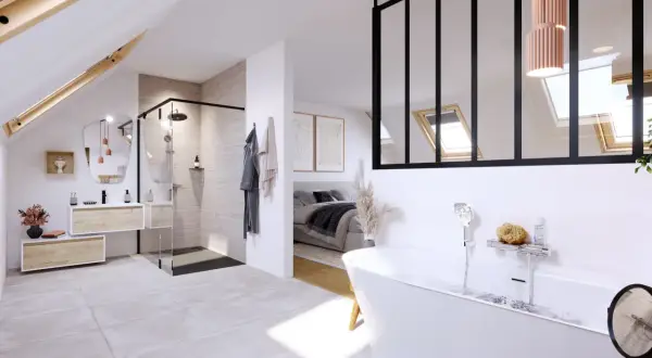 Élégante salle de bain wabi sabi avec baignoire, douche, et vue sur une chambre. Ambiance zen et épurée.