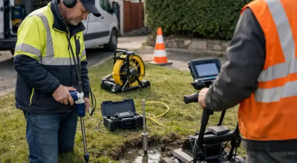Deux techniciens utilisent un équipement spécialisé pour comment trouver une fuite d'eau dans le sol. L'un écoute avec un appareil, l'autre surveille un écran.