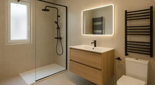 Salle de bain italienne petite surface avec douche, meuble vasque en bois, miroir lumineux et WC. Design moderne et épuré.