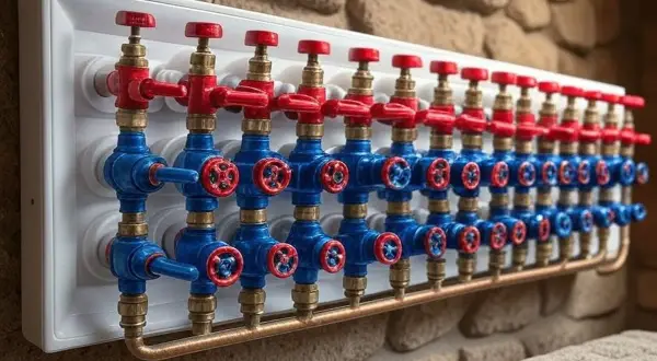 Un collecteur de plomberie avec de nombreuses vannes bleues et rouges, prêt pour une installation de chauffage ou de refroidissement.