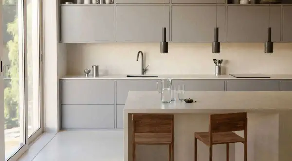 Élégante cuisine couleur taupe, avec des meubles bas et hauts épurés, un îlot central et des tabourets en bois.