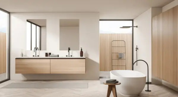 Salle de bain minimaliste avec double vasque en bois, baignoire îlot et douche à l'italienne.
