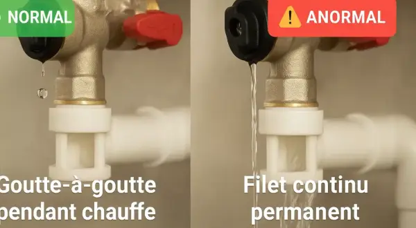 Comparaison d'un groupe de sécurité de chaudière : goutte à goutte normal vs. filet continu anormal.