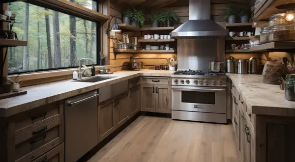 Cuisine rustique rénovée avec des armoires en bois brut, un grand évier en acier inoxydable et une vue imprenable sur la forêt.