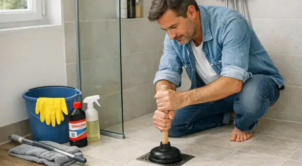 Homme utilisant une ventouse pour nettoyer siphon douche italienne. Matériel de nettoyage à proximité.