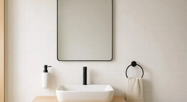 Salle de bain moderne avec lavabo rectangulaire, robinetterie noire et miroir au cadre fin. La hauteur du miroir salle de bain est idéale pour un usage quotidien.
